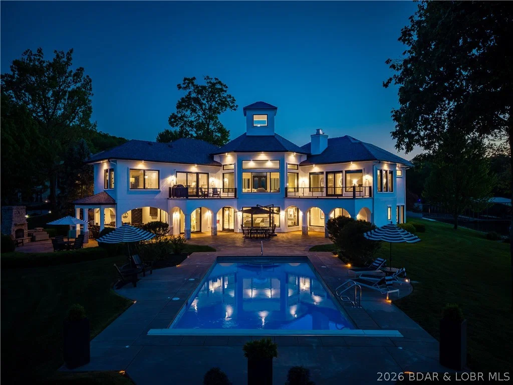 Lakefront estate at dusk on the Lake of the Ozarks